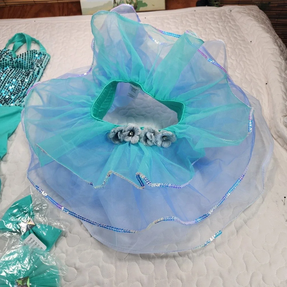 XSC Girls Weissman Dance Costume SET Teal Blue Fringe Tutu Leotard NEW $90